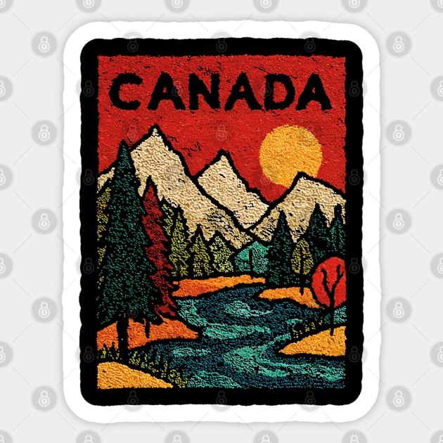 Canadian Rockies Linocut Print | Vintage Alberta Wilderness Souvenir Sticker by TuncGK